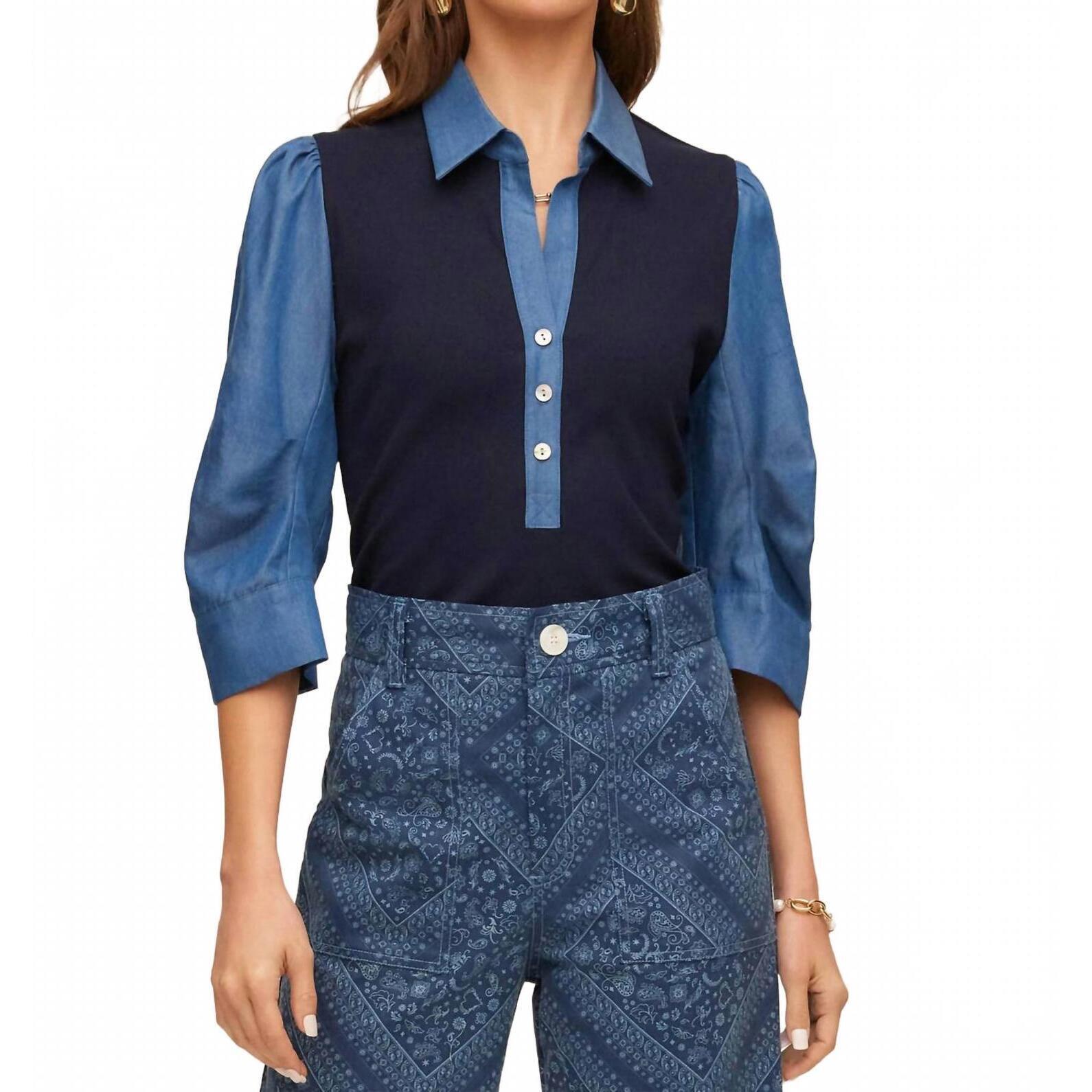 New Fifteen Twenty Camden Contrast Henley Top In Navy